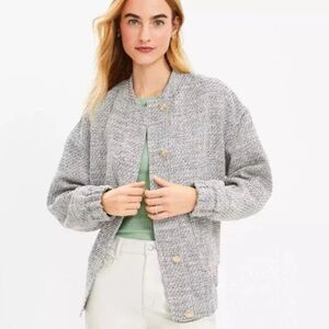 NWT Loft Tweed Oversized Bomber Jacket Blue w Gold Buttons - Women’s Large